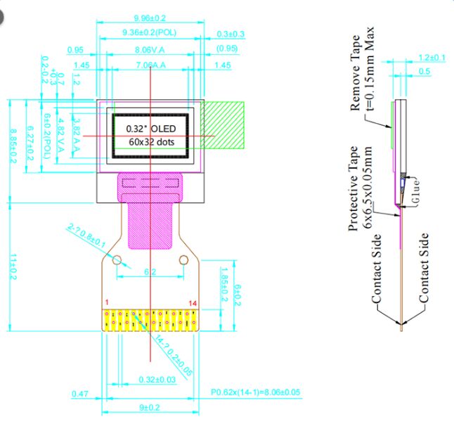 Οθόνη OLED προσαρμοσμένου σχήματος I2C Λευκό 0,32 ιντσών Πίνακας οθόνης OLED 60x32 Pixels Μικρότερο OLED 0,32