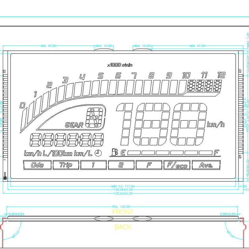 Προσαρμοσμένη οθόνη LCD HTN LCD με μπλε οθόνη 7 τμημάτων Πίνακας LCD αρνητικού τμήματος HTN για ταχύμετρο